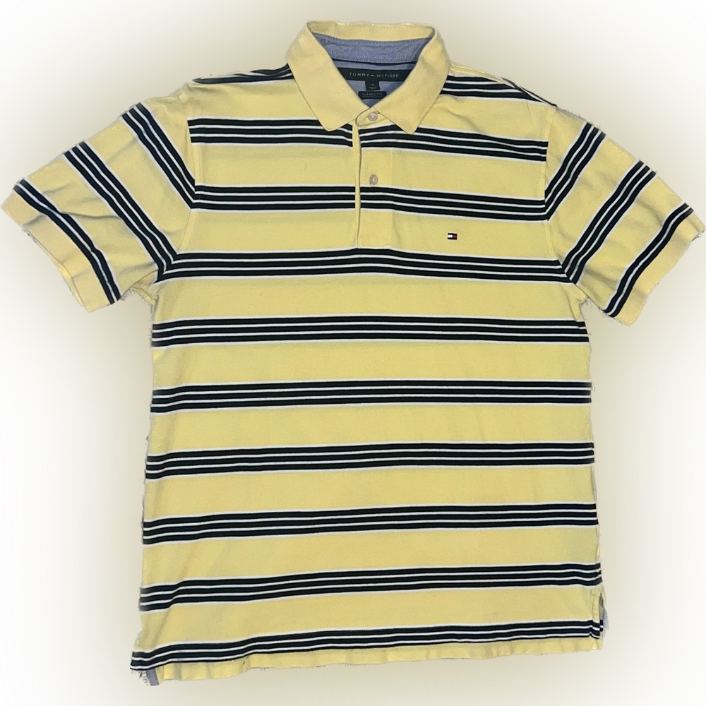 Tommy Hilfiger Men's Classic-Fit Ivy Polo -Yellow w/Navy & Blue Stripe - Large